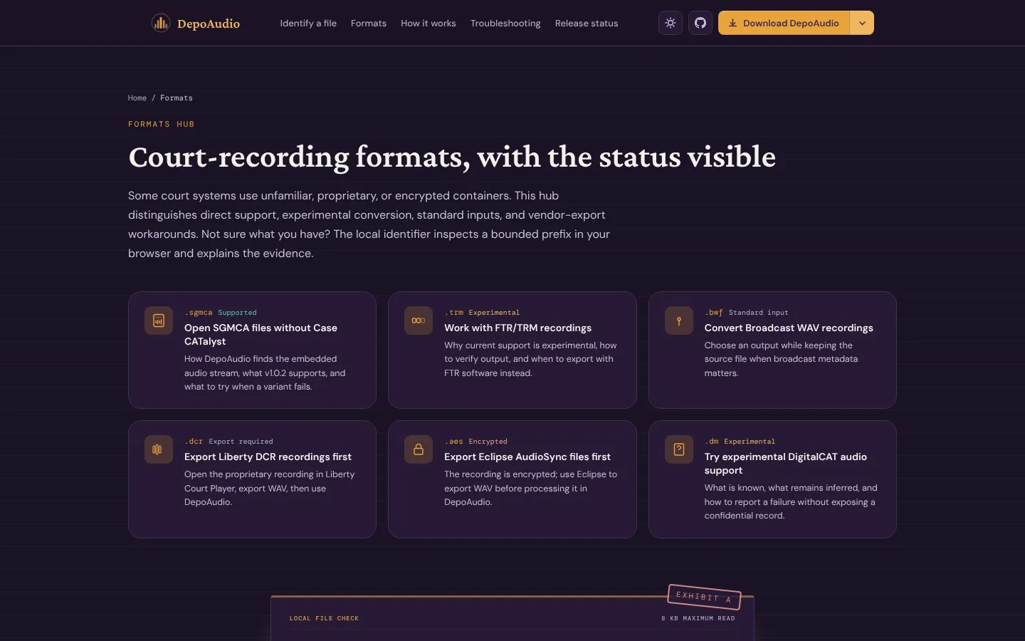 The DepoAudio website's Formats hub, headed "Court-recording formats, with the status visible", with six format cards: .sgmca supported, .trm experimental, .bwf standard input, .dcr export required, .aes encrypted, and .dm experimental.