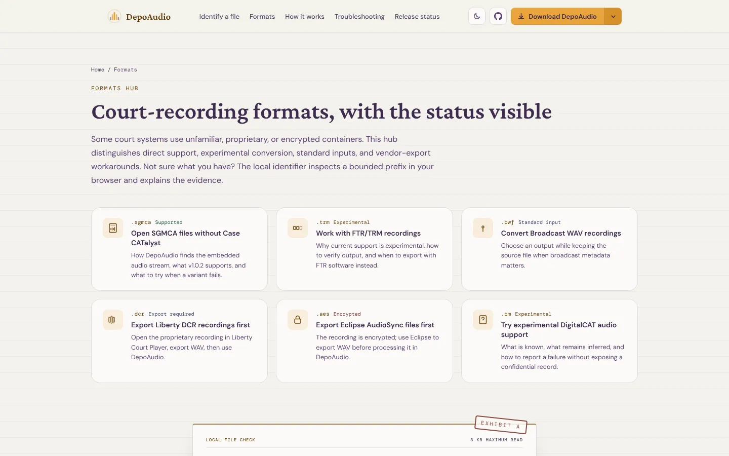 The DepoAudio website's Formats hub, headed "Court-recording formats, with the status visible", with six format cards: .sgmca supported, .trm experimental, .bwf standard input, .dcr export required, .aes encrypted, and .dm experimental.
