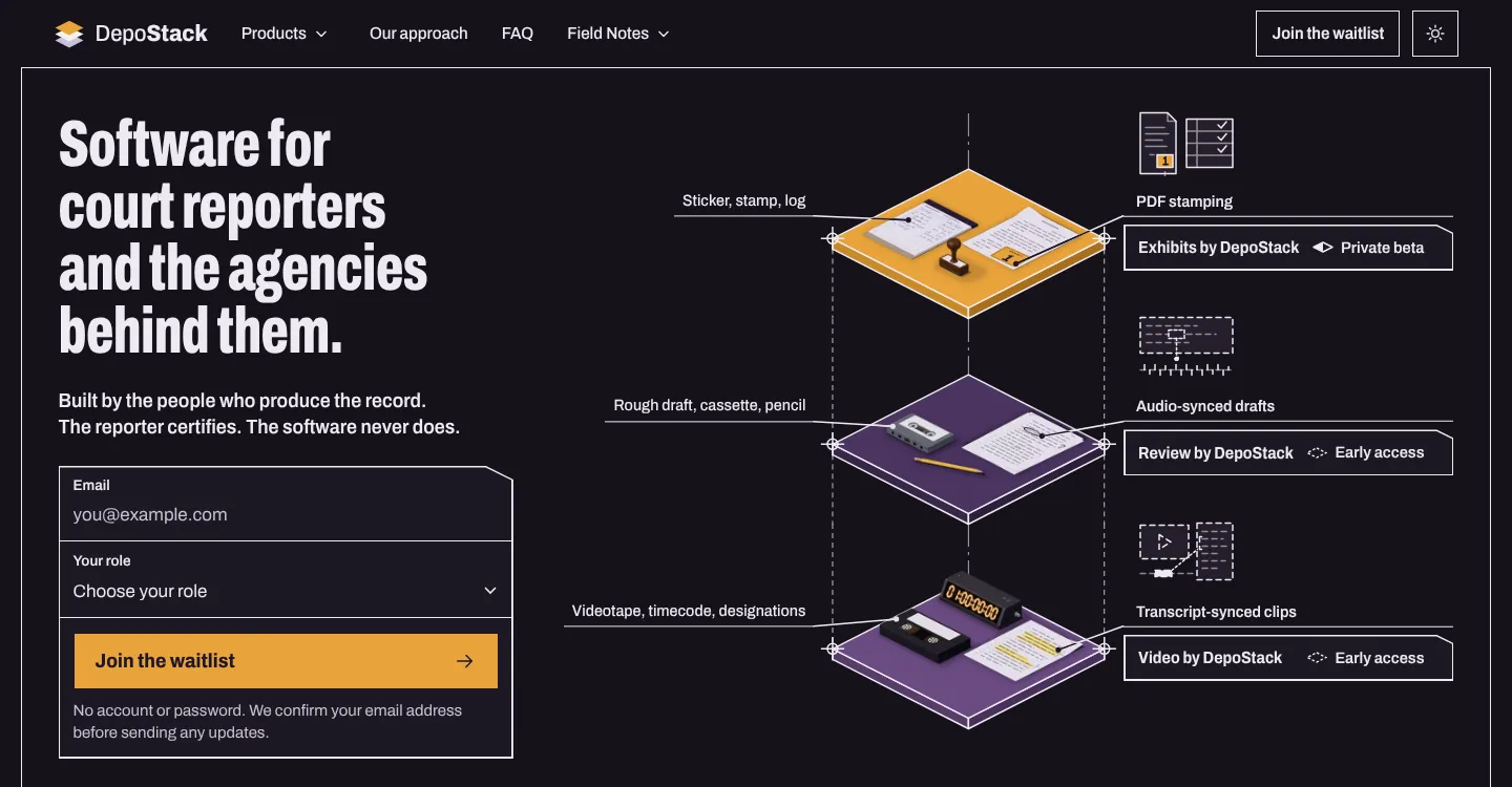 The DepoStack landing page: the headline "Software for court reporters and the agencies behind them.", a waitlist form with email and role fields, and an illustrated stack of three products labeled Exhibits by DepoStack (private beta), Review by DepoStack (early access) and Video by DepoStack (early access).