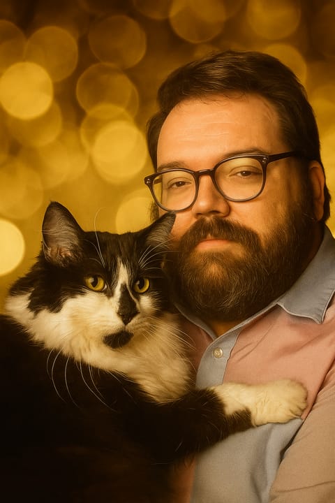 Andrew Mayes holding Sushi, his tuxedo cat, against warm golden light